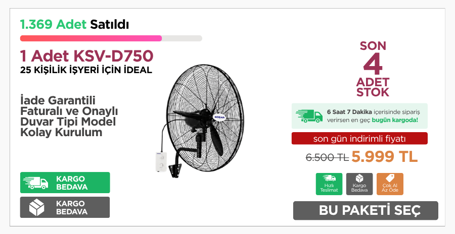 1 Adet KSV-D750 Koşar Vantilatör